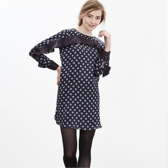 Banana Republic 100% Silk Foulard Long Sleeve Shift Mini Dress Blue Red Ruffle - Picture 1 of 15